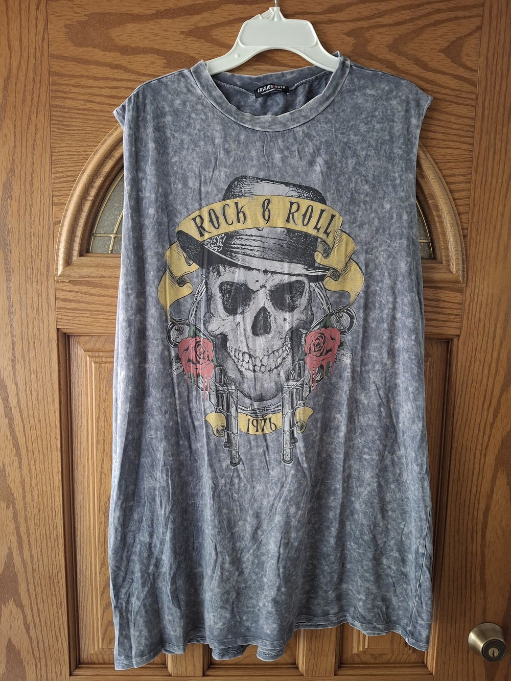 Fashion Nova Gray Graphic Skull Tee Dress with Red Rose and Yellow Accents - Picture 2 of 5
